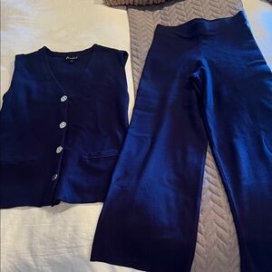 Marled Navy Blue Wide Leg Pants and Buttoned Vest Set
